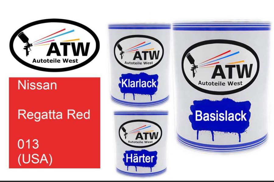 Nissan, Regatta Red, 013 (USA): 1L Lackdose + 1L Klarlack + 500ml Härter - Set, von ATW Autoteile West.